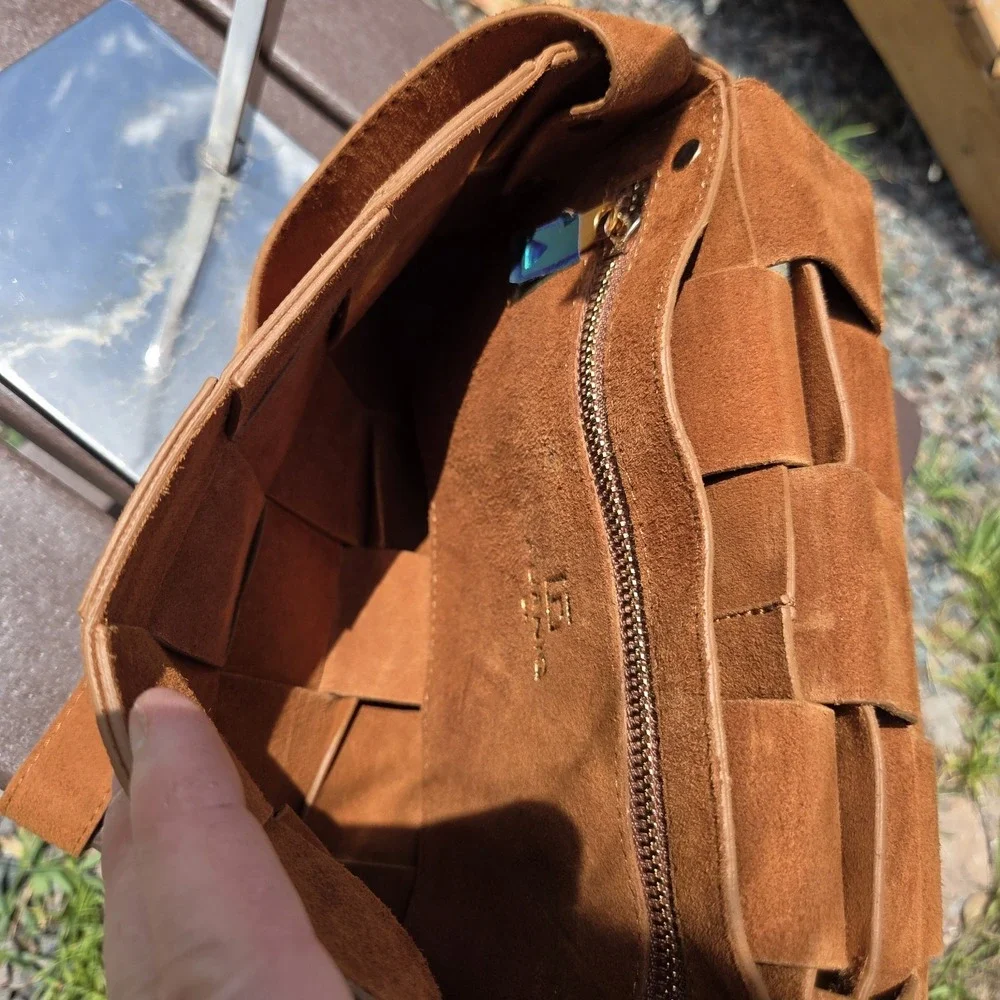 FURNIQ Hoxton‎ Camel Brown Woven Suede Handbag Crossbody MSRP $350